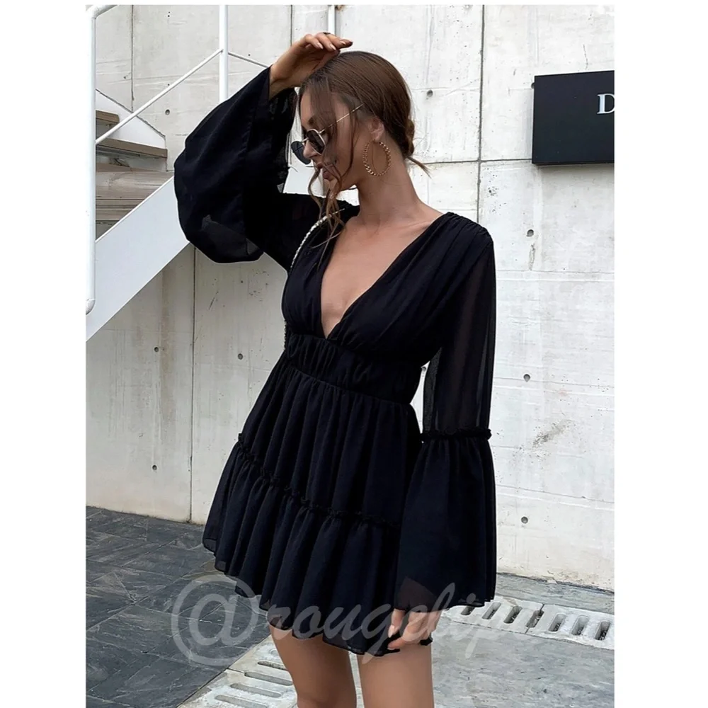 Black Boho Mini Dress Flounce Sleeves Deep V Neck - Picture 8 of 13